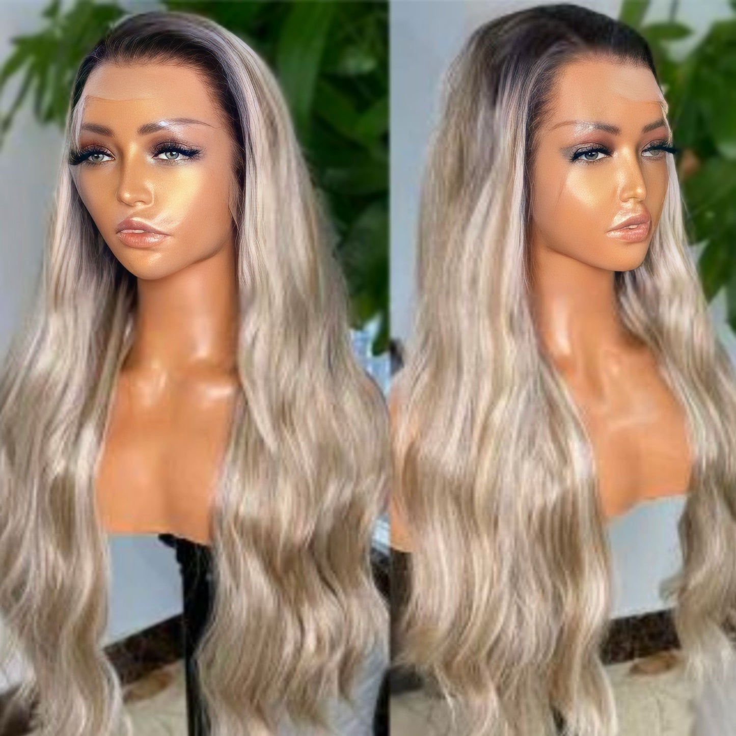26-inch Rooted Ash Blonde Lace Front Synthetic Wig displayed on a mannequin, featuring heat-resistant fibers and a comfortable fit.