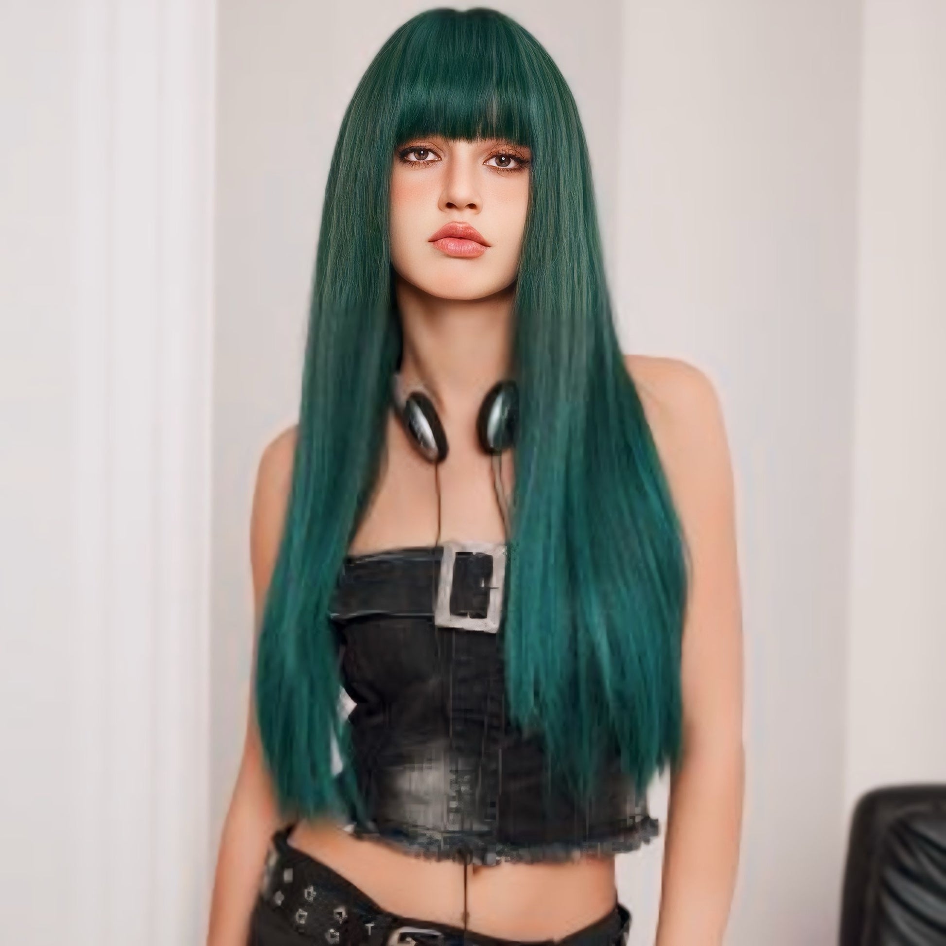 28-inch dark green synthetic wig with straight texture and bangs, styled for a natural look