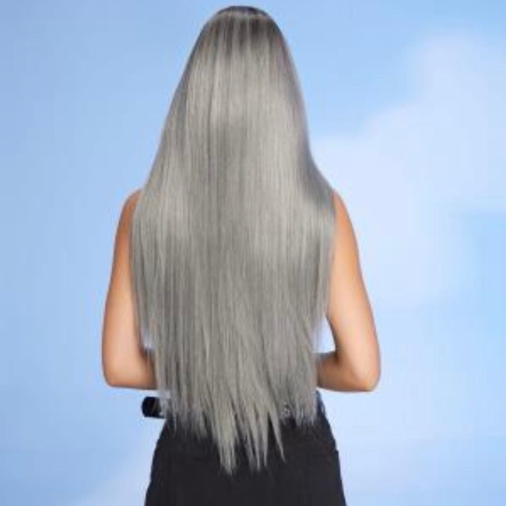 30-Inch Silver Synthetic Wig with Realistic Straight Texture and Breathable Adjustable Cap. Perfect for Elegant Looks, Parties, and Gift-Giving.
