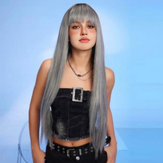 30-Inch Silver Synthetic Wig with Straight Texture and Adjustable Cap, Styled for a Realistic Look. Perfect for Daily Wear, Parties, and Special Occasions.
