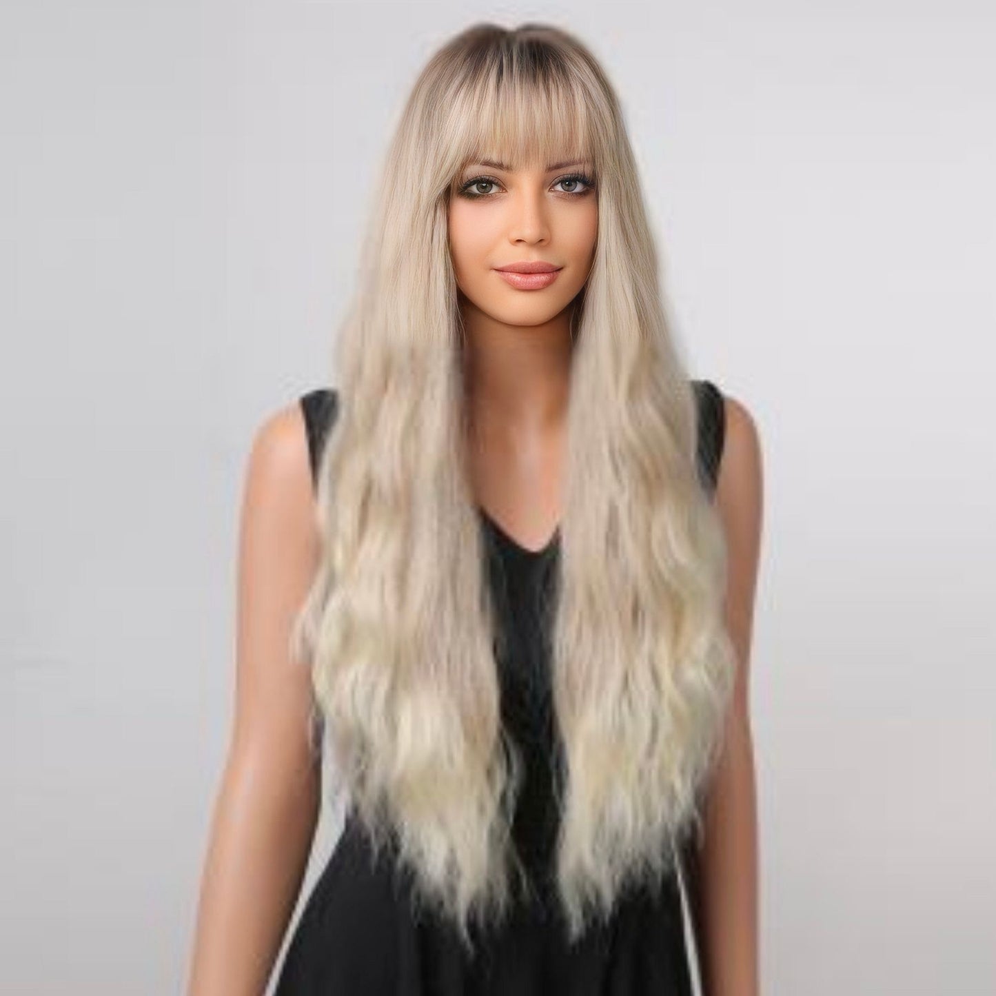 30-inch rooted light blonde synthetic wig with wavy texture
