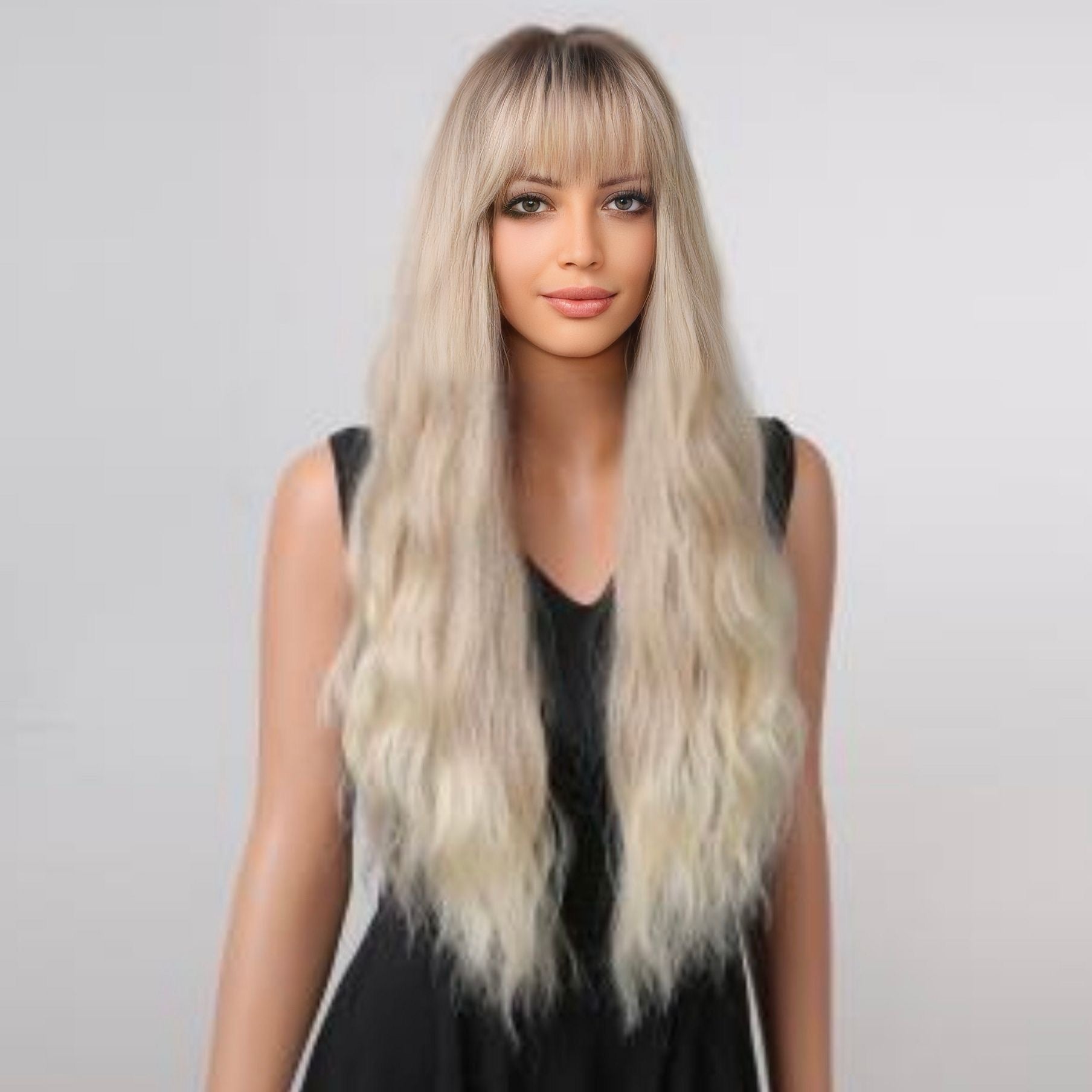 30-inch rooted light blonde synthetic wig with wavy texture