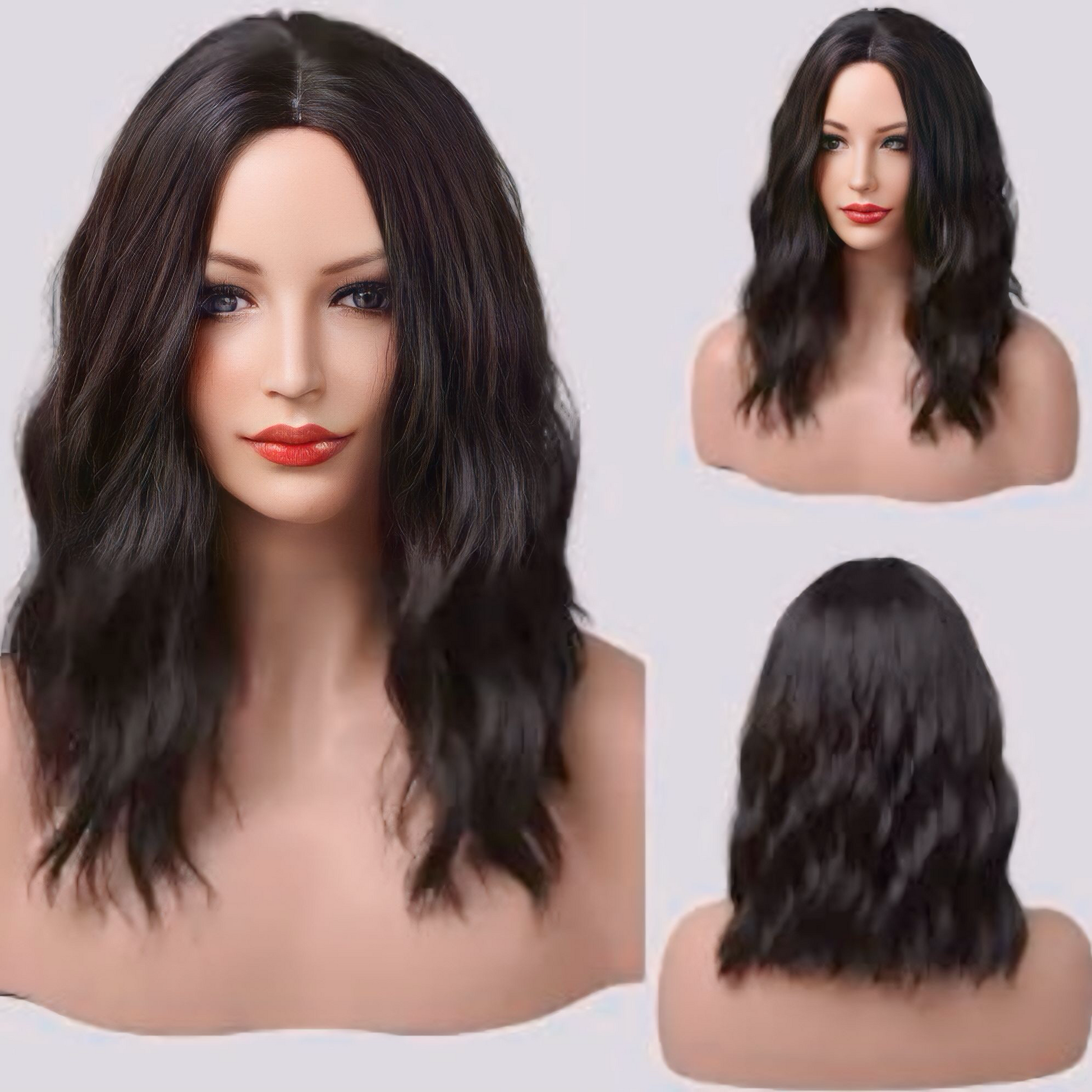 Adjustable cap of Black Wavy Synthetic Wig with strap for a customizable fit.