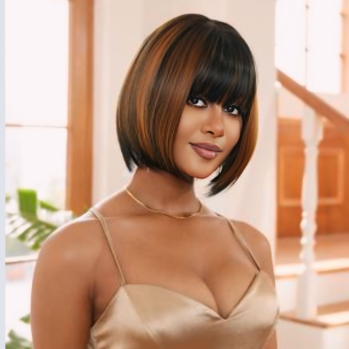 Adjustable cap of the Brunette Caramel Bob Wig with breathable net and straps for a comfortable, customized fit.