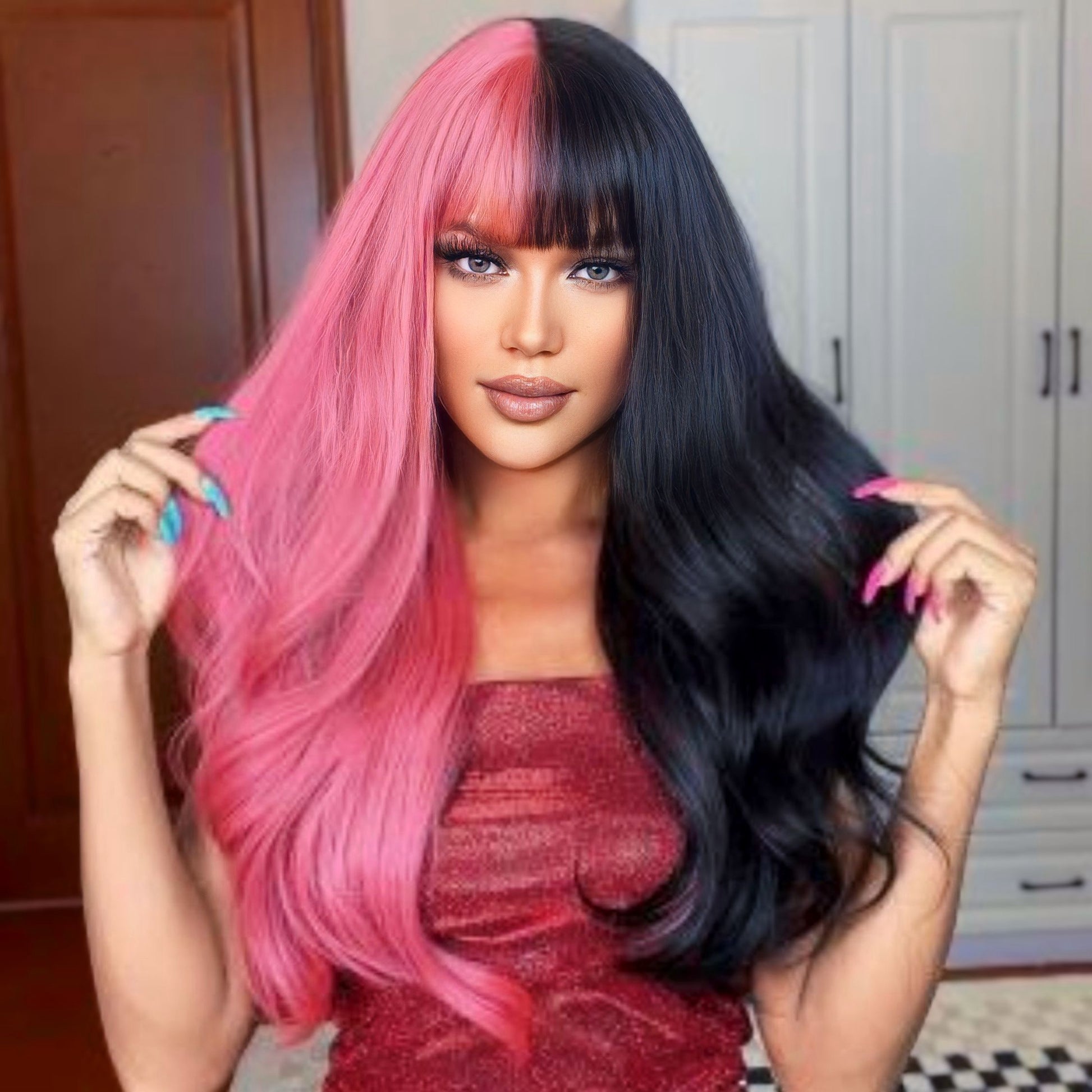 Bold Half Black and Pink Synthetic Wig with Natural-Looking Bangs and Comfortable Adjustable Fit