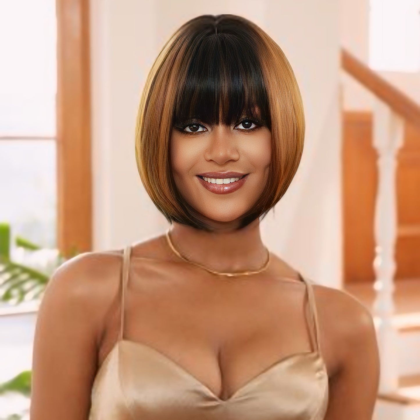 Brunette Caramel Bob Wig styled on a model with bangs, showing a natural-looking, straight hairstyle.