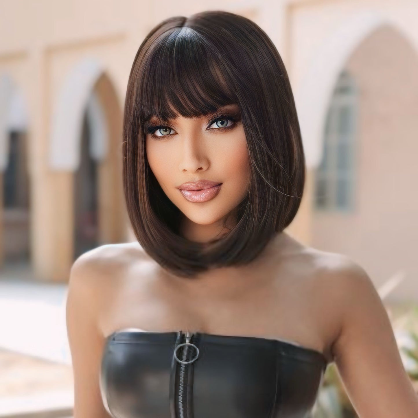 Brunette bob wig with straight hair and bangs, made of heat-resistant synthetic fiber, shown with an adjustable cap for a perfect fit.