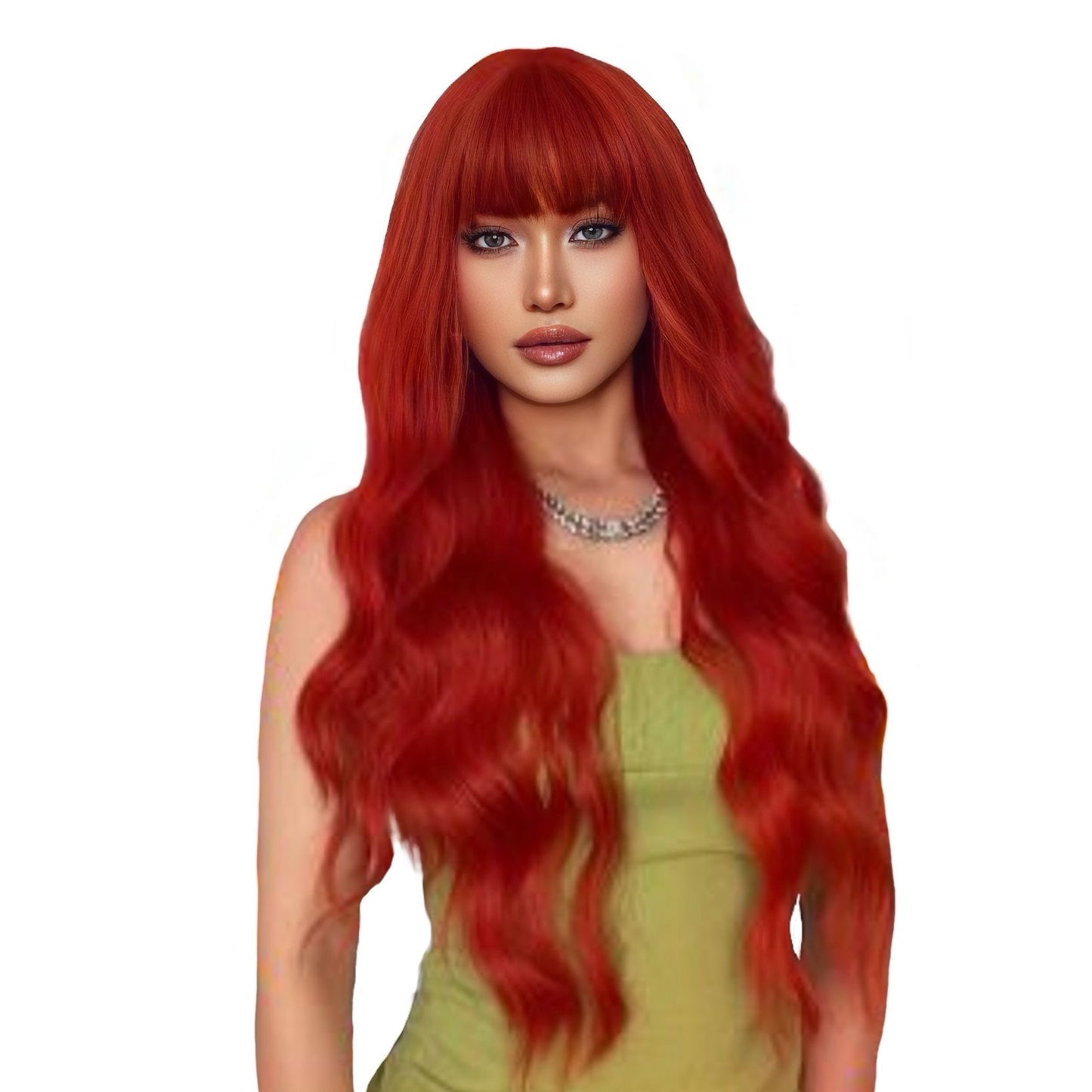 Close-up of a 28 Inch Red Orange Synthetic Wig with wavy texture and bangs, showcasing its heat-resistant fibers and adjustable cap