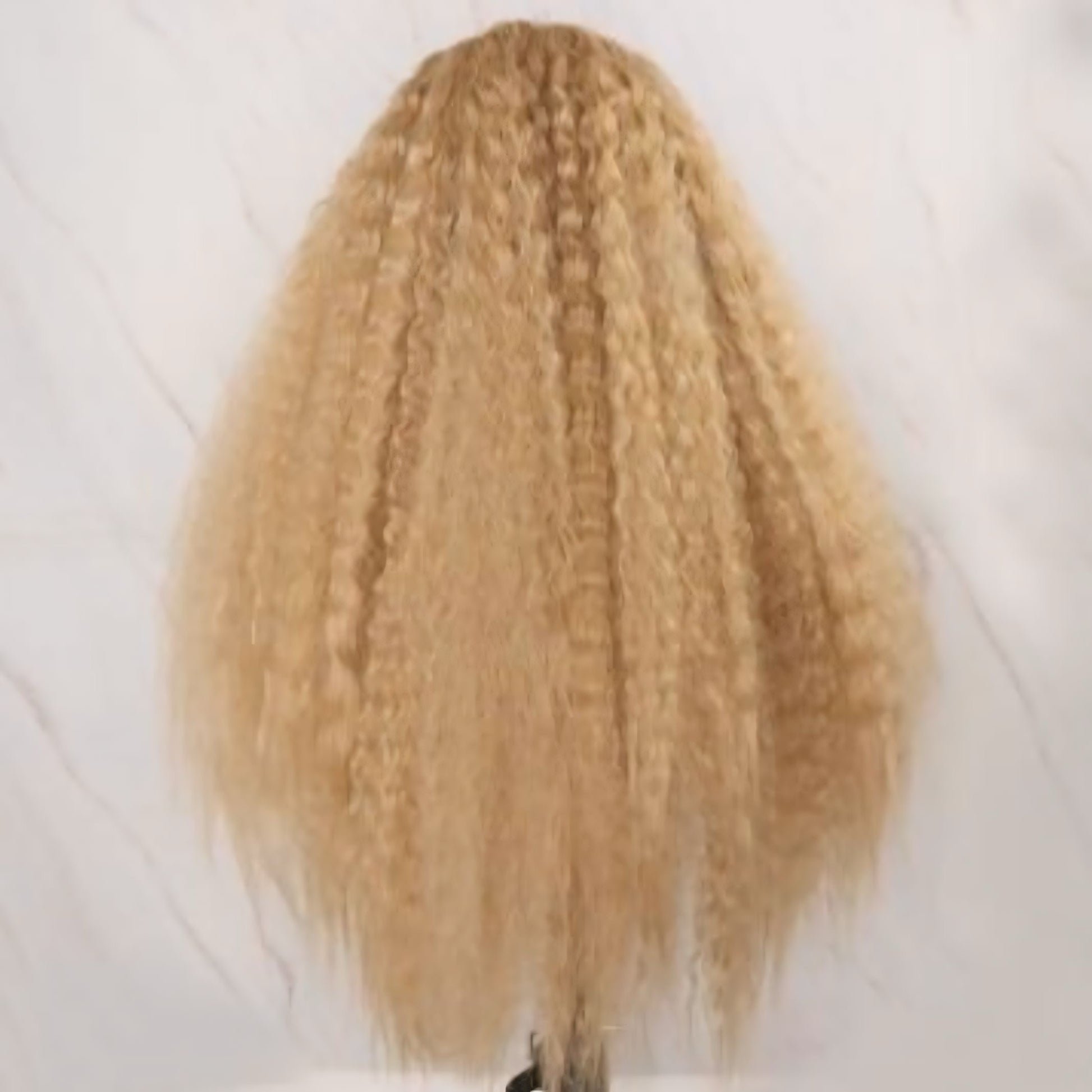 Close-up of a Textured Curly Blonde Synthetic Lace Front Wig, highlighting the heat-resistant fibers and adjustable cap features.