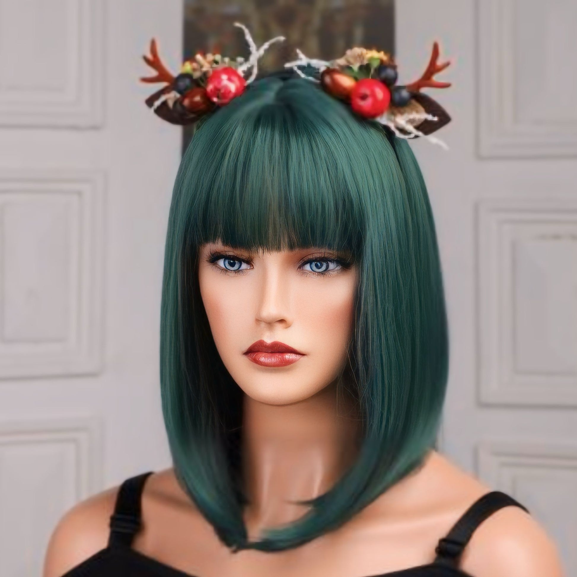 Dark Green Bob Synthetic Lace Front Wig displayed on a wig stand, highlighting the breathable cap and stylish, straight hair