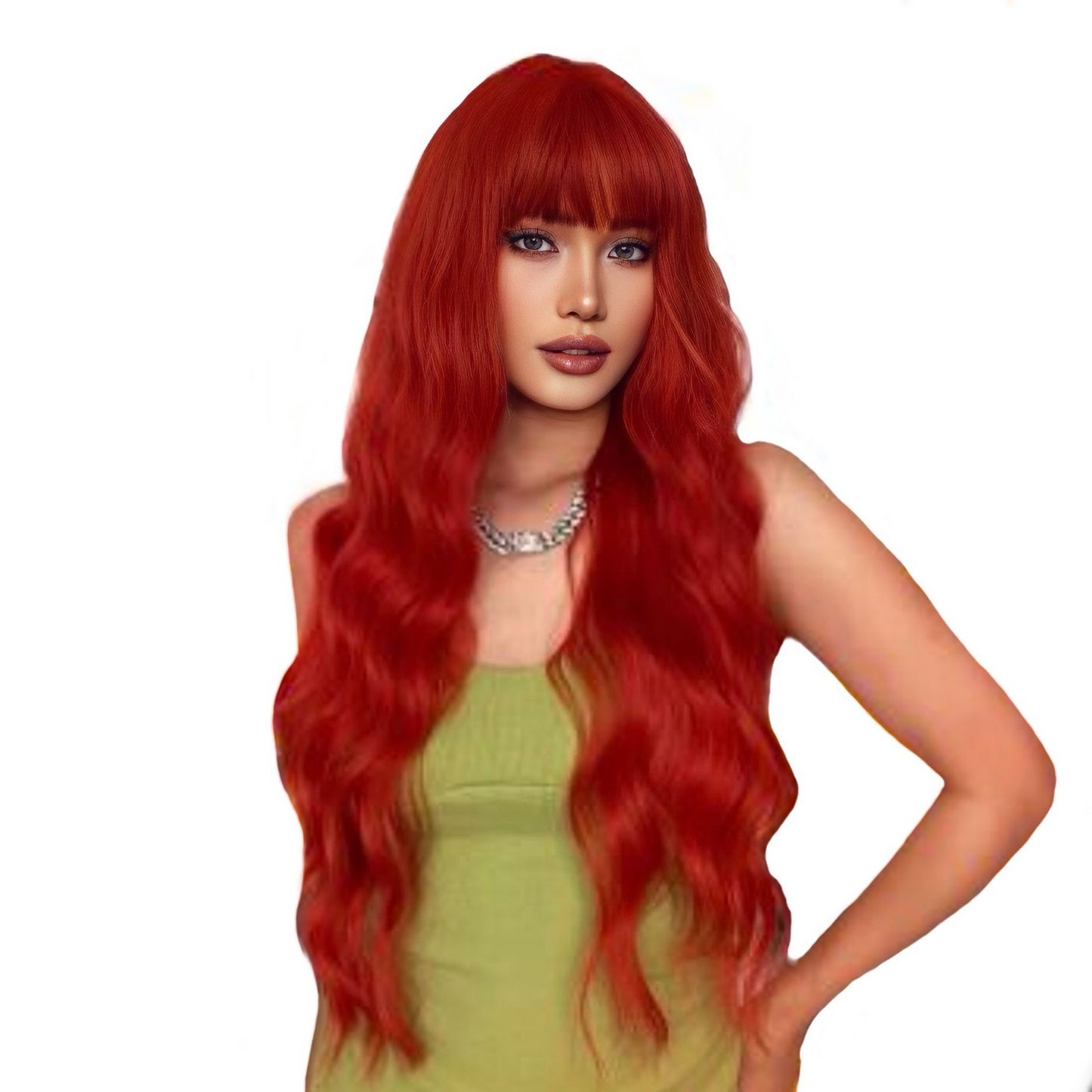 Detail shot of a comfortable, breathable 28 Inch Red Orange Synthetic Wig with an adjustable cap and heat-resistant fibers, designed to mimic natural hair