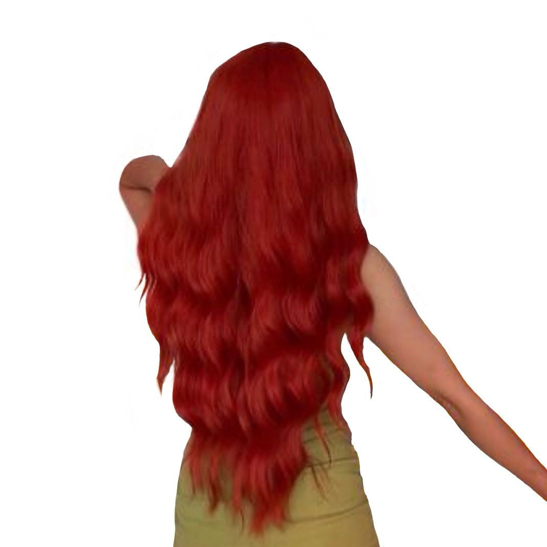 Full view of a vibrant 28 Inch Red Orange Synthetic Wig styled with long, flowing waves and a natural-looking part, perfect for various occasions