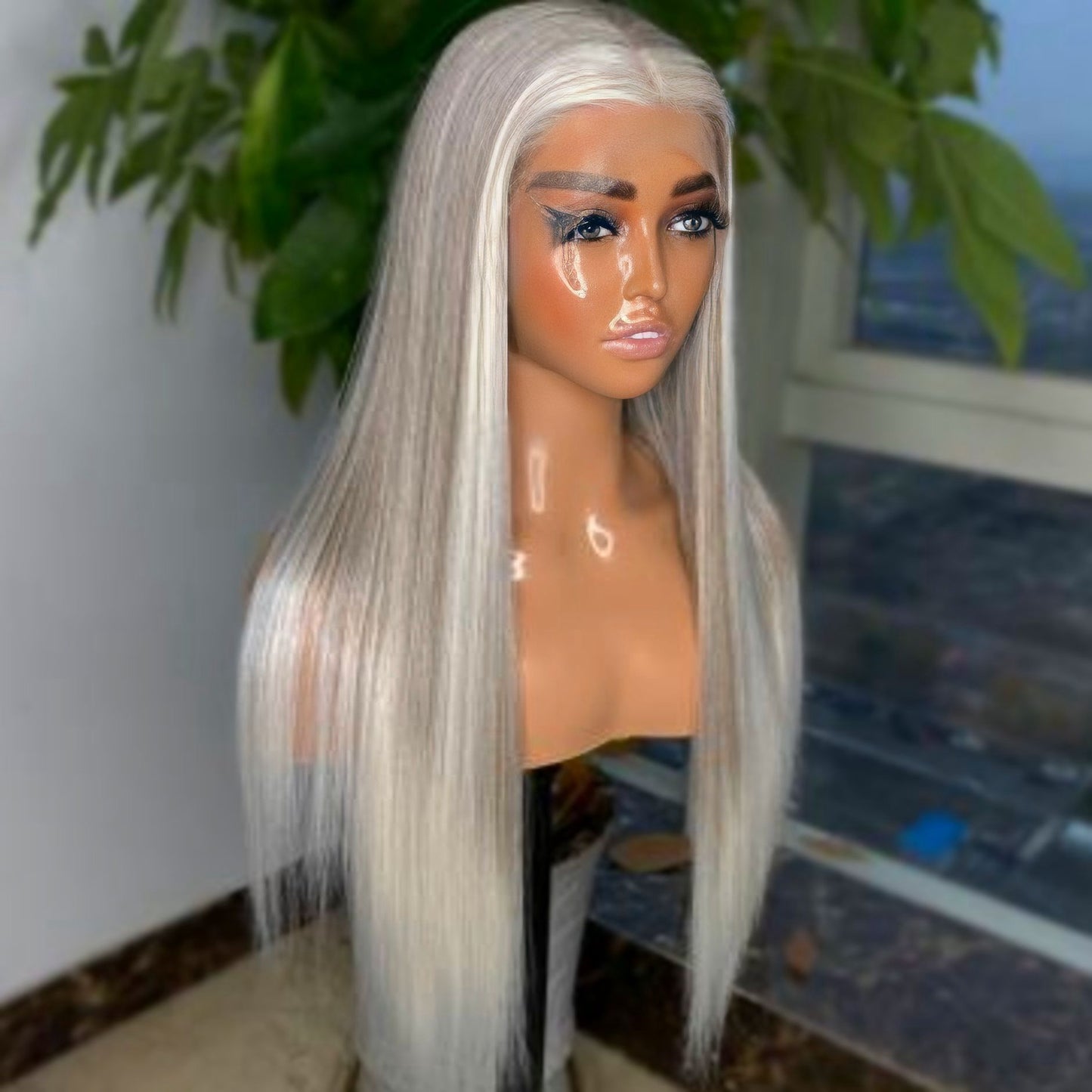 Grey and white highlight lace front synthetic wig styled straight, showcasing the sleek 26-inch length and natural look
