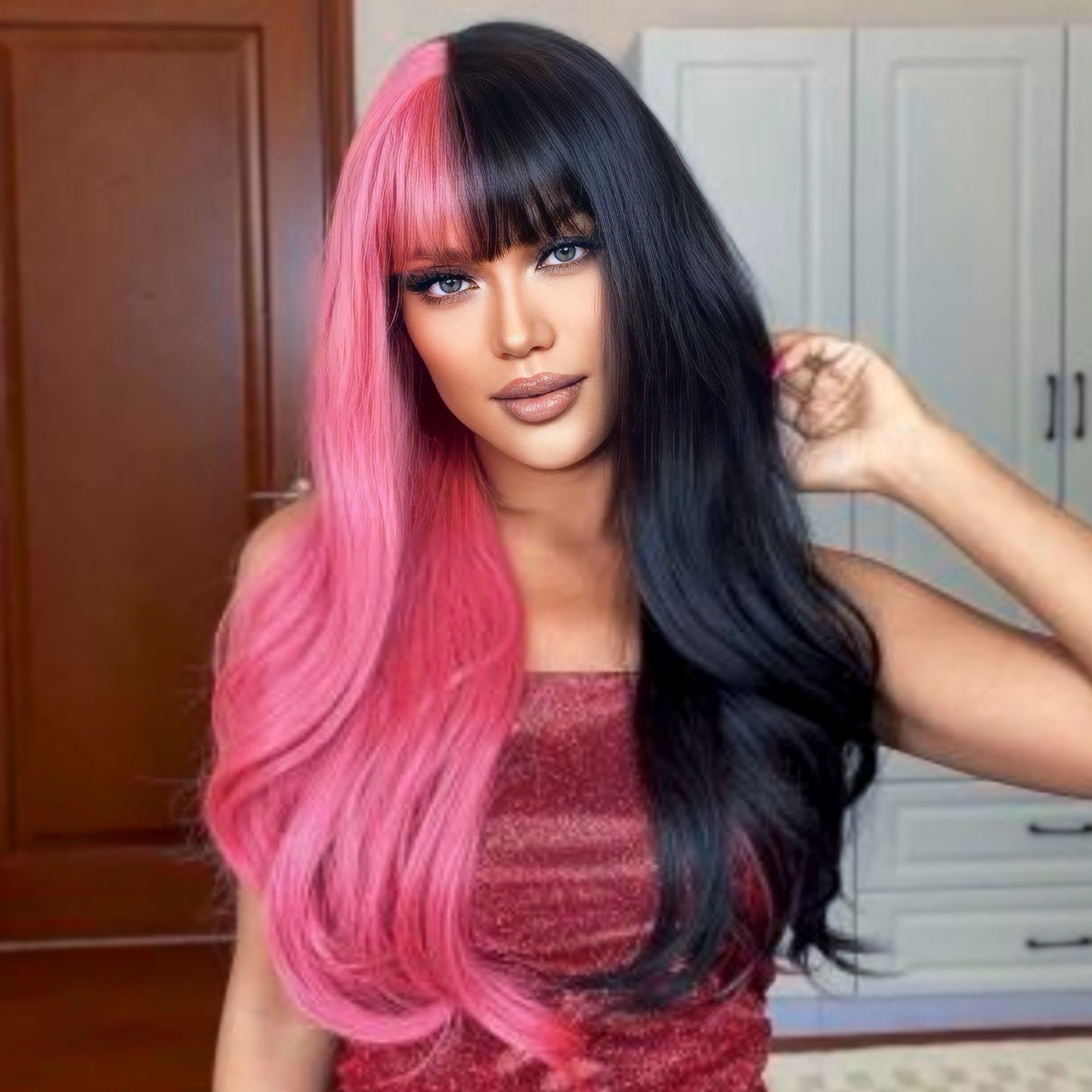 Half Black and Pink Synthetic Lace Front Wig with Adjustable Cap and Fixed Hair Parting