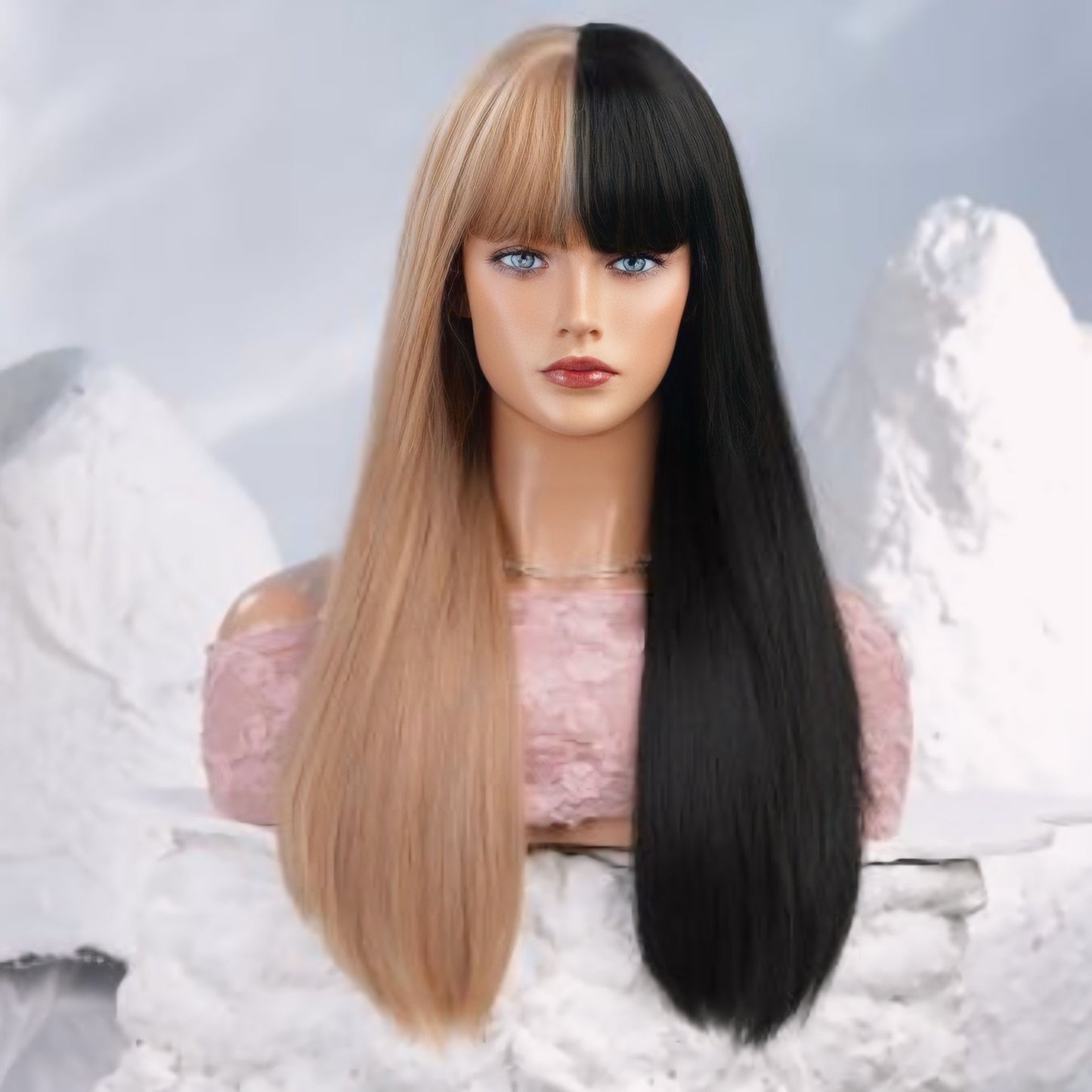 Half Blonde Half Black Synthetic Wig with Lace Front – 26 inches, Heat Resistant, Adjustable Cap