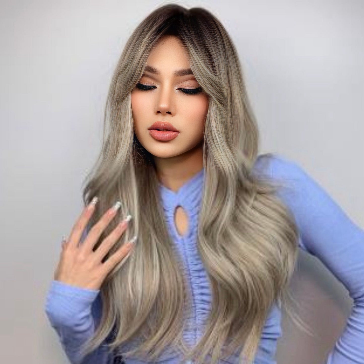 Heat-Resistant Ash Blonde Synthetic Wig with Natural Bangs and Body Wave Texture