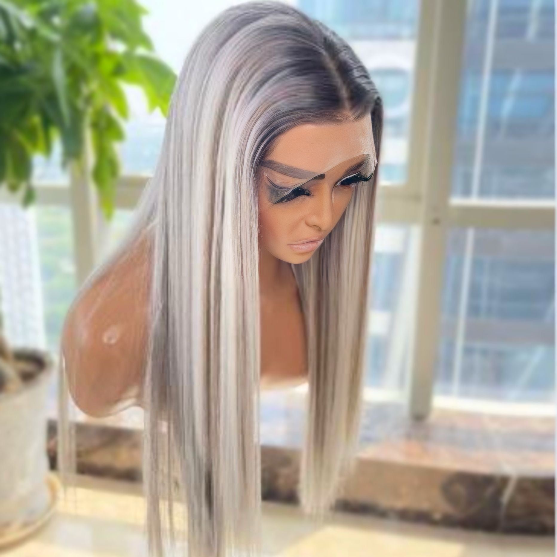 Heat-resistant Rooted Platinum Straight Synthetic Wig – Comfortable medium-sized cap with adjustable straps and realistic straight texture for everyday wear.