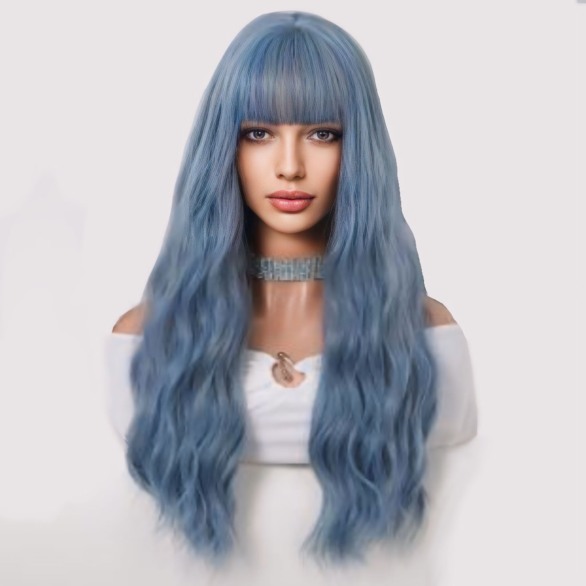 Metallic Blue Wavy Hard Front Synthetic Wig styled with bangs, showcasing natural texture and adjustable cap fit.