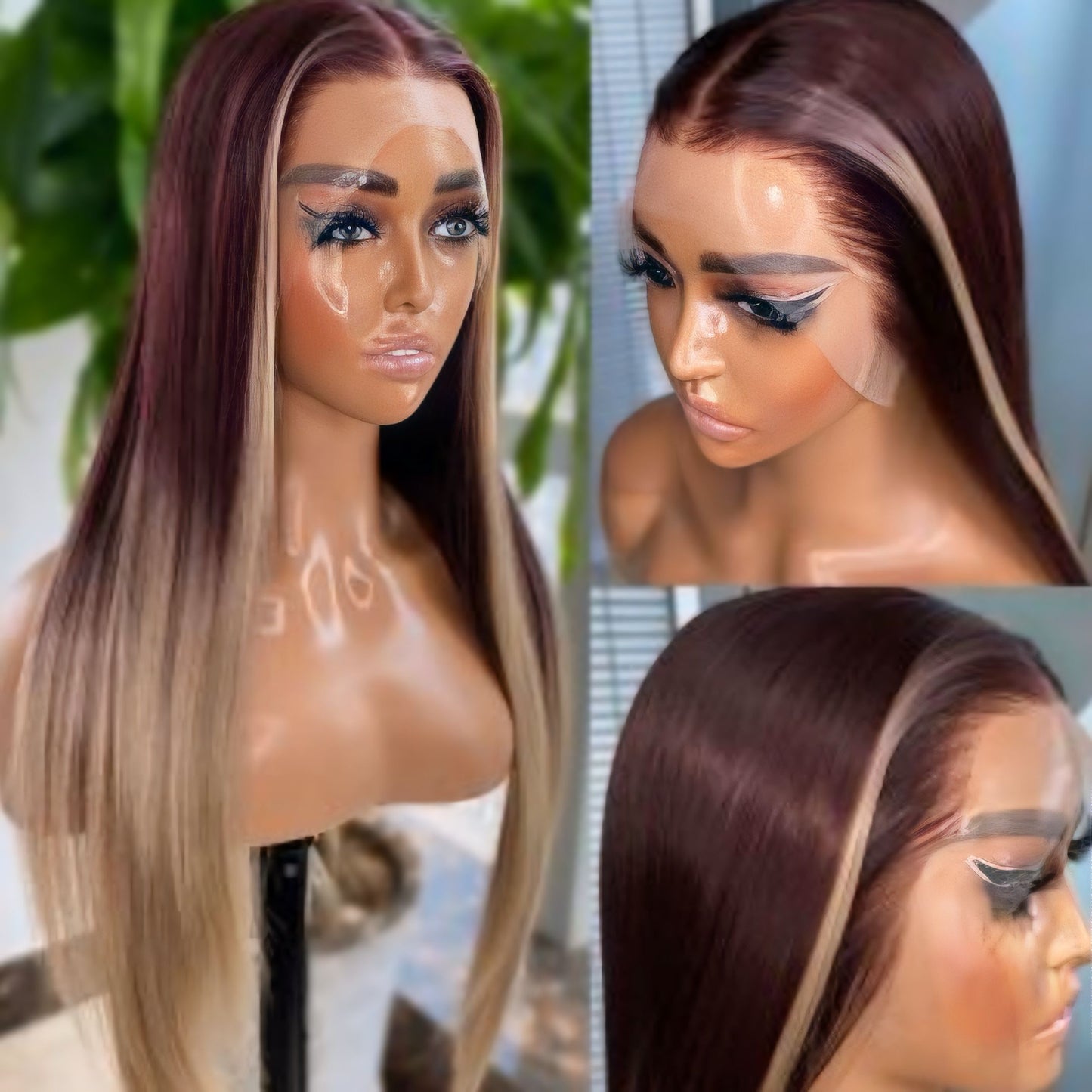 Model Wearing Burgundy Blonde Synthetic Wig with Smooth, Straight Hair and Secure Adjustable Fit