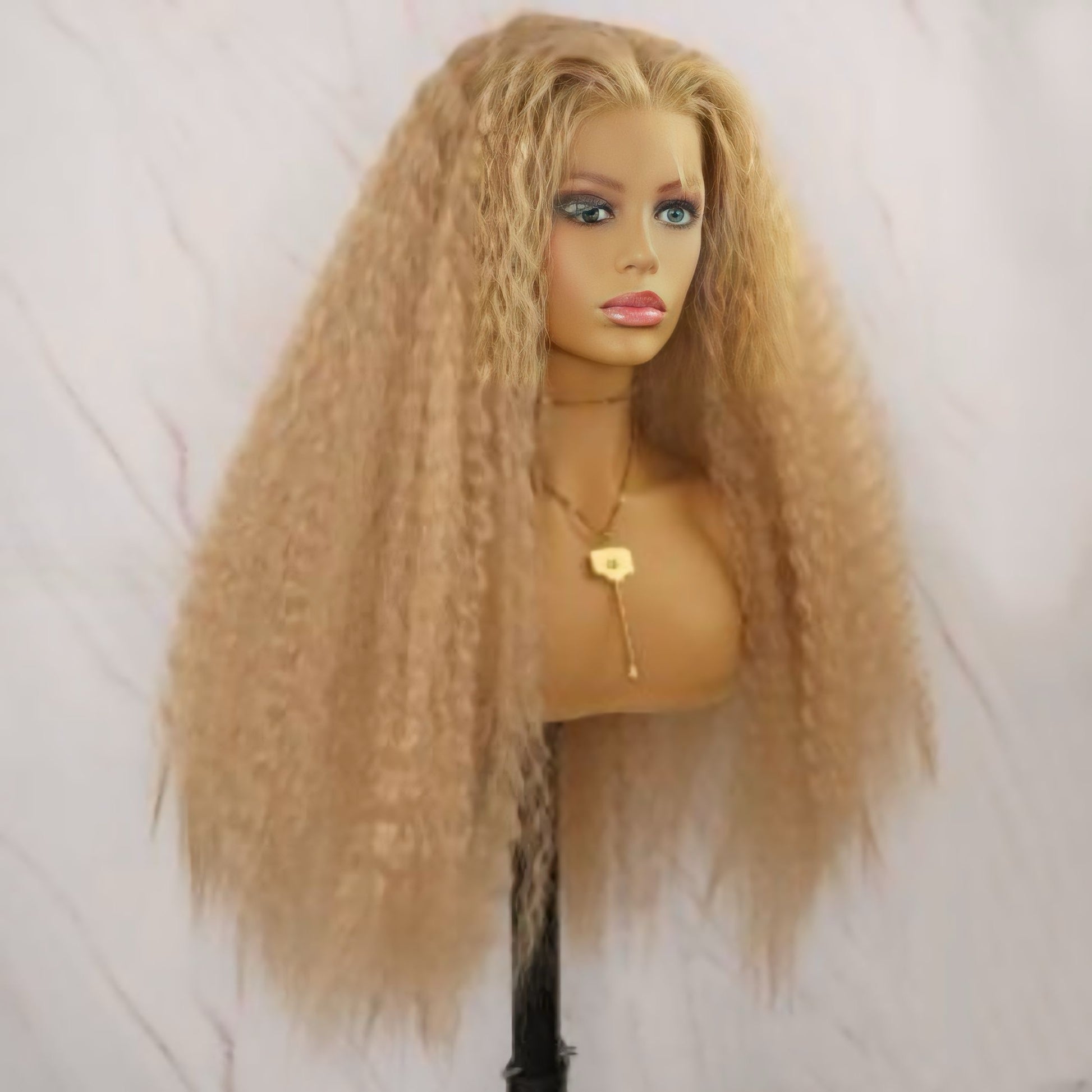 Model wearing a Textured Curly Blonde Synthetic Lace Front Wig, demonstrating its stylish look for everyday wear or special occasions.