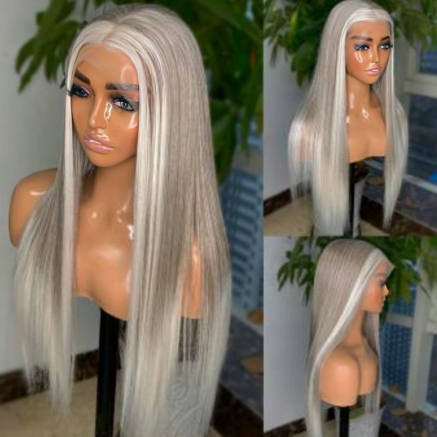 Model wearing a grey and white highlight lace front synthetic wig, demonstrating the adjustable cap fit and natural-looking hairline