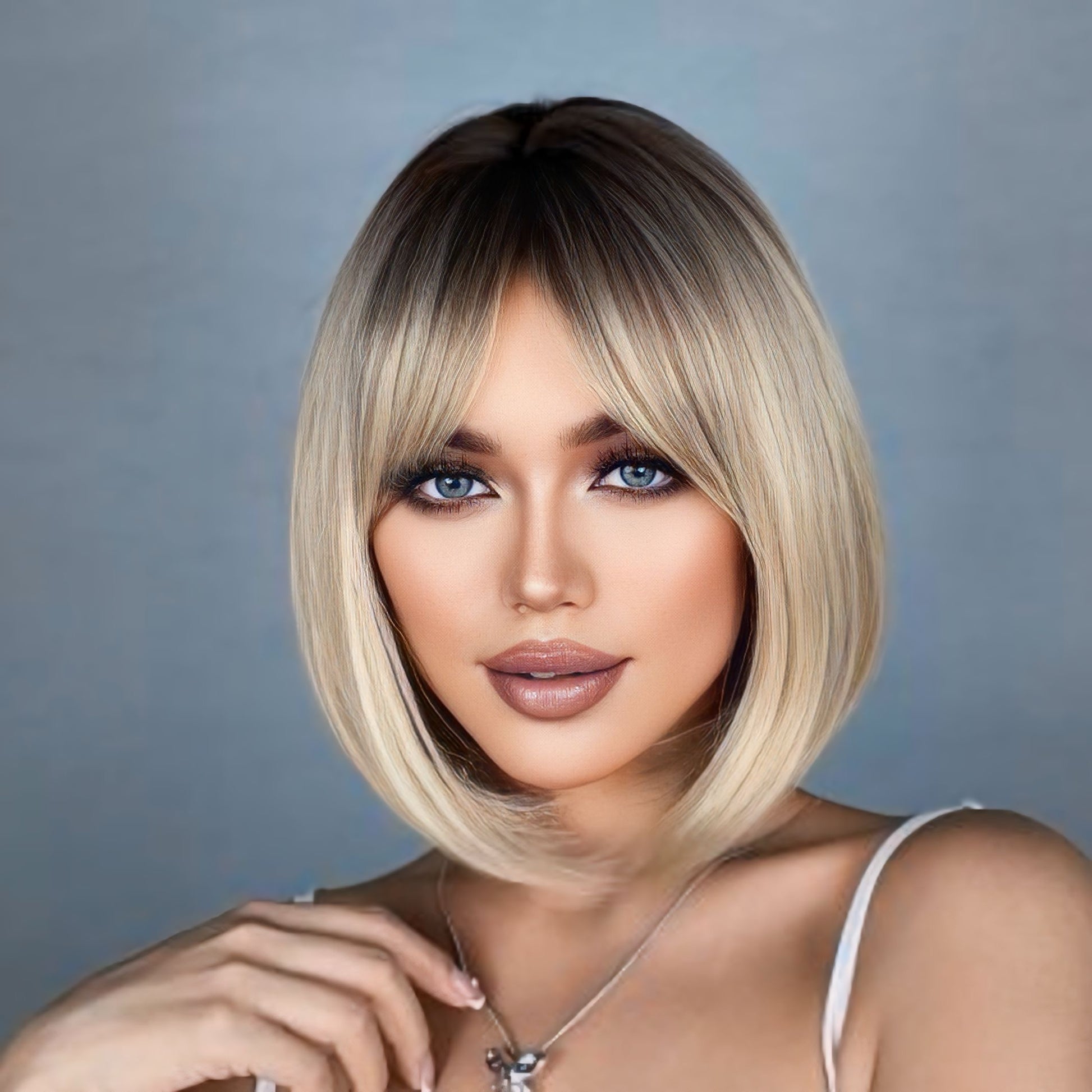 Natural Ash Rooted Blonde Bob Wig on mannequin, showcasing realistic texture and stylish bangs