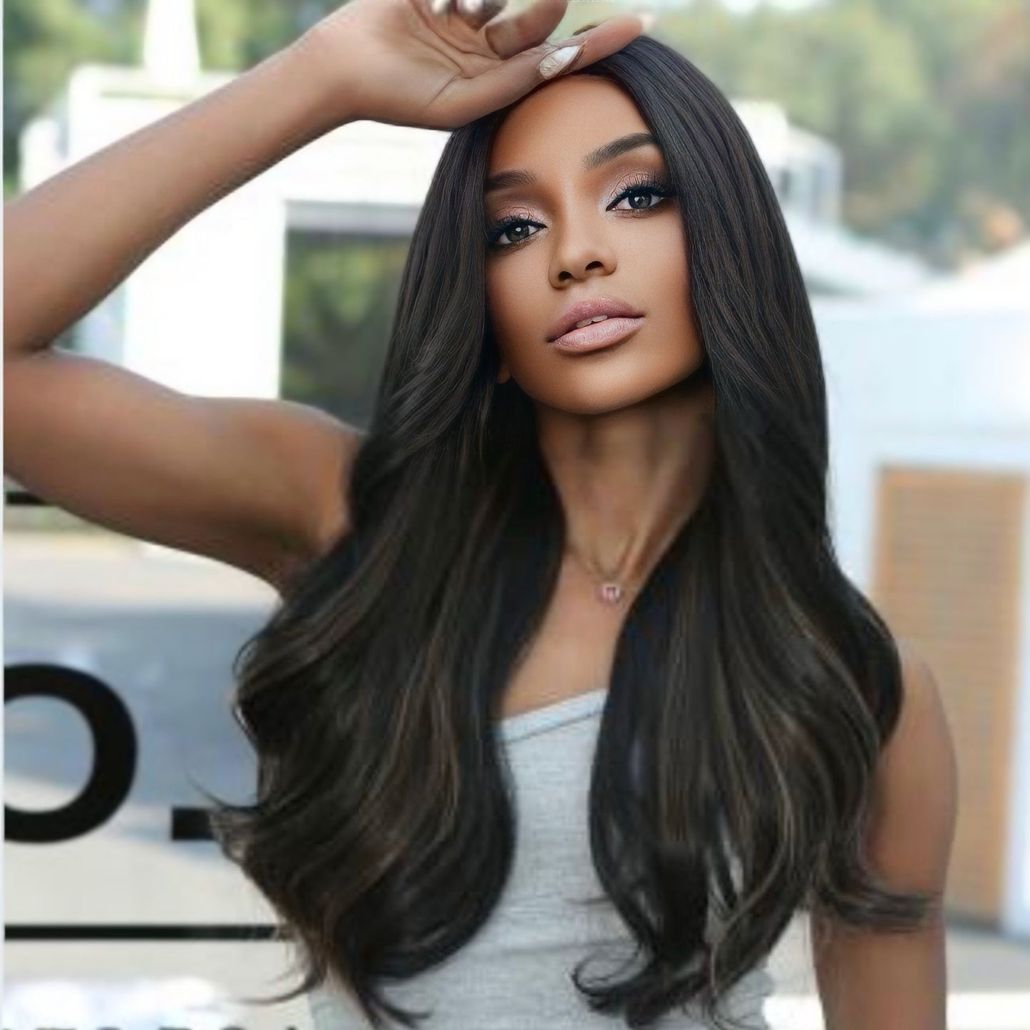 Natural dark brown highlighted synthetic wig with adjustable cap and realistic texture
