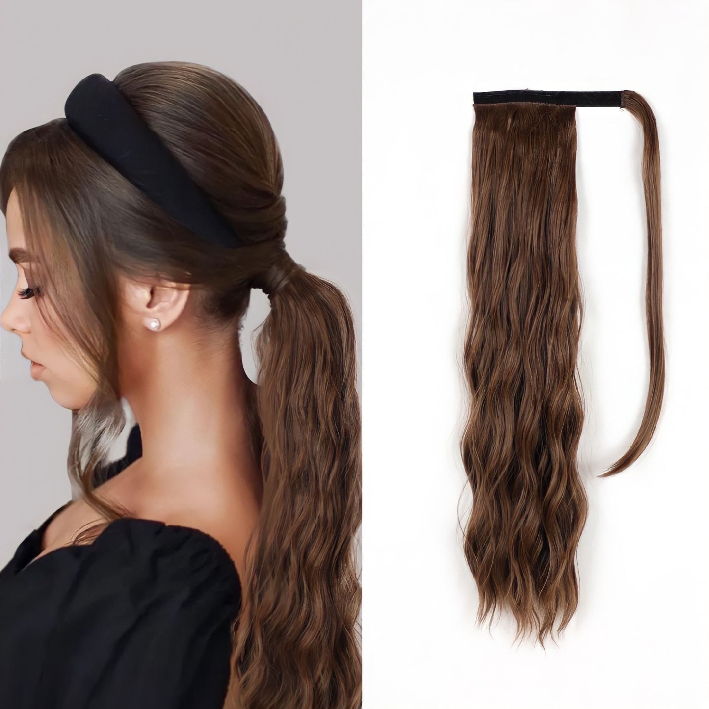 Person wearing the 22-Inch Wavy Clip-In Ponytail, showcasing its length and volume