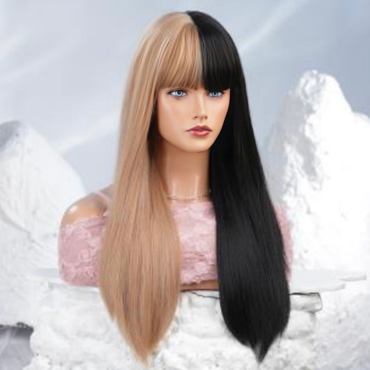 Premium Half Blonde Half Black Synthetic Wig with Adjustable Cap – Heat Resistant Fiber, Perfect for Any Occasion