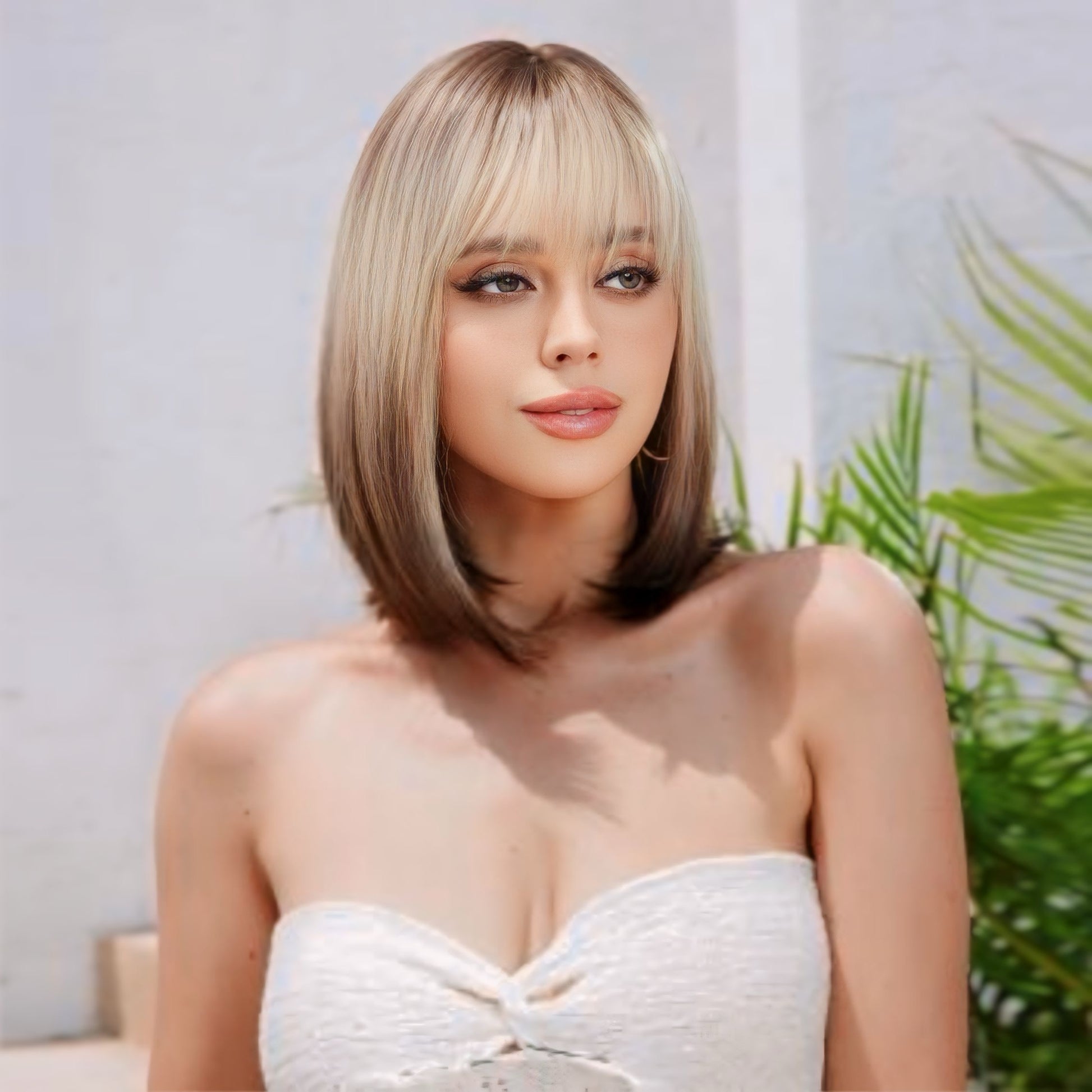 Rooted Ash Blonde Straight Synthetic Lace Front Wig with Brown Ends | 14 Inches, Adjustable Cap for Comfortable Fit
