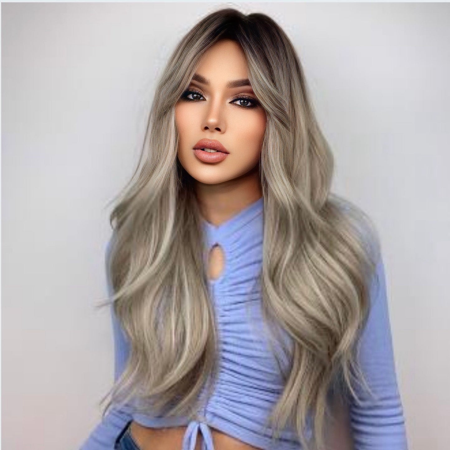 Rooted Ash Blonde Synthetic Wig with Dark Roots, 26-Inch Heat-Resistant Fiber, Adjustable Cap