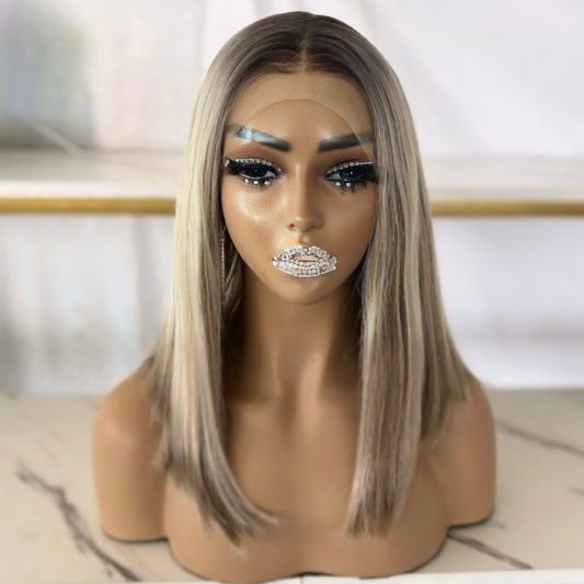 Rooted Beige Blonde Bob Lace Front Synthetic Wig styled on a model, showcasing a natural look with straight texture and adjustable cap