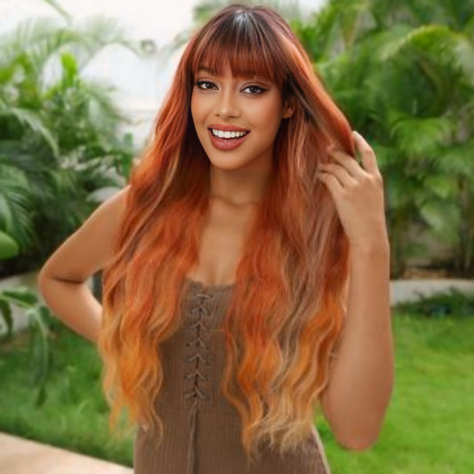 Rooted red copper wavy synthetic wig with bangs styled on a mannequin, showcasing a 26-inch length and natural-looking waves.