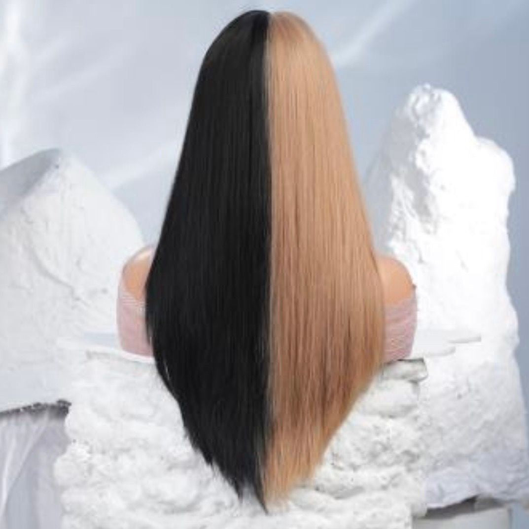 Stylish Half Blonde Half Black Lace Front Synthetic Wig – Sleek Straight Hair, 130% Density, Comfortable Fit