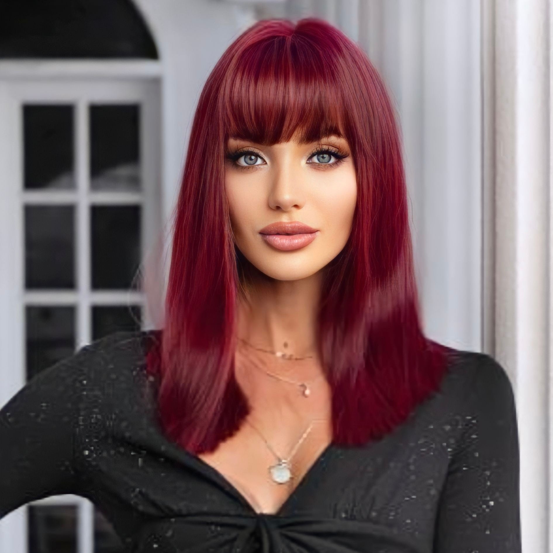 Burgundy straight synthetic wig, made from high-quality fiber, heat resistant up to 250°F.