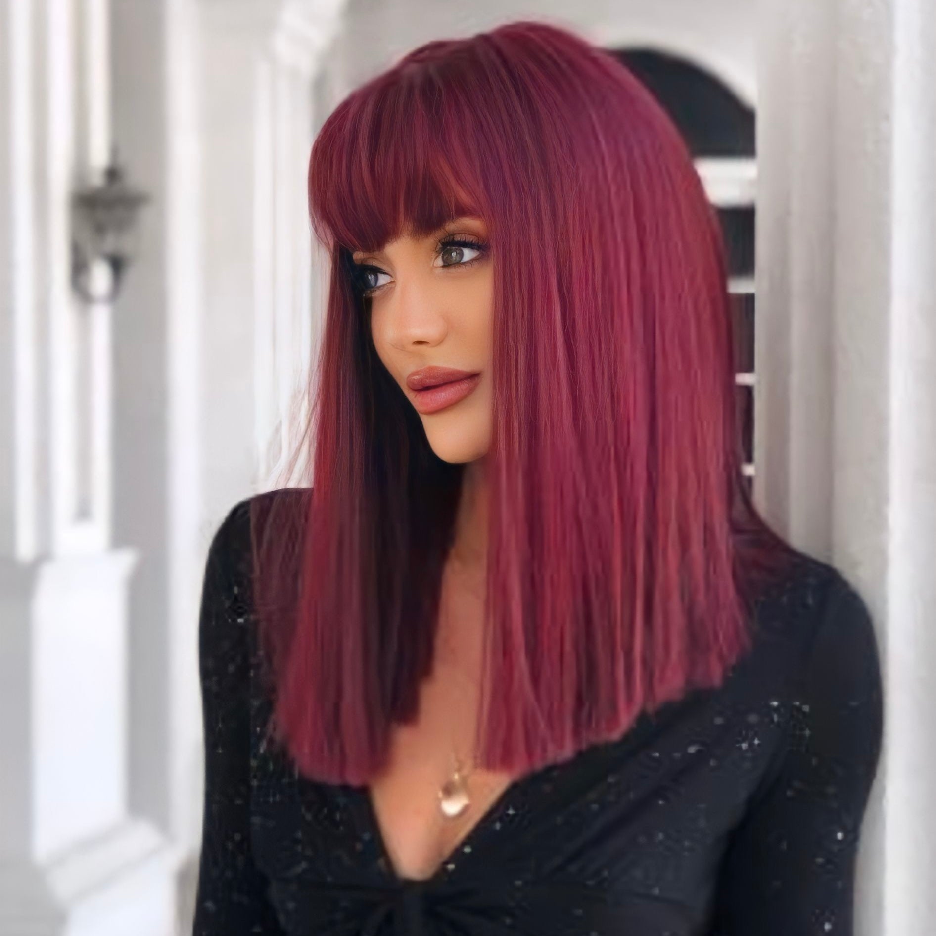 Burgundy straight synthetic wig with bangs, made from heat-resistant fiber, 18 inches long.