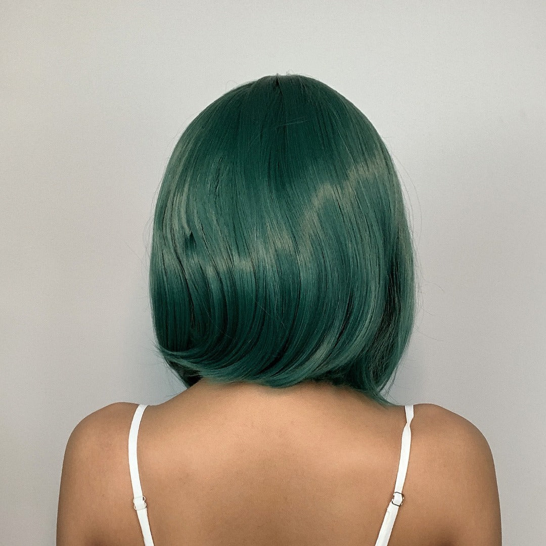 Close-up of the Dark Green Bob Synthetic Lace Front Wig with adjustable cap and heat-resistant synthetic fibers