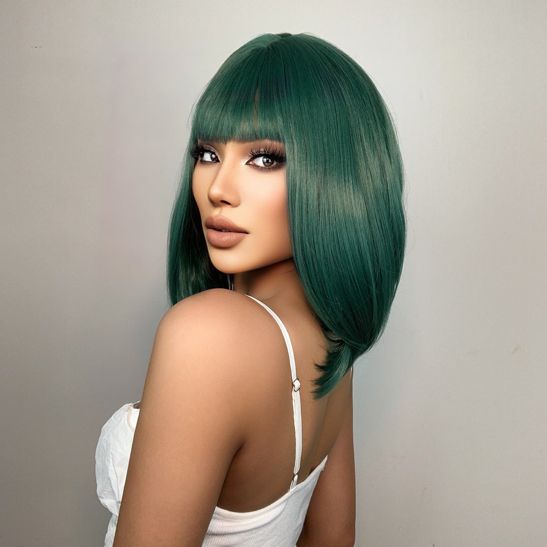Dark Green Bob Synthetic Lace Front Wig on a mannequin, showcasing sleek straight texture and vibrant color
