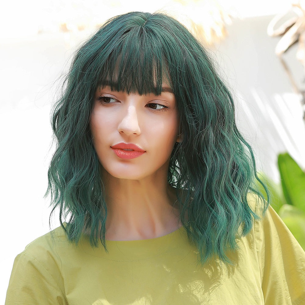 Dark Green Wavy Bob Synthetic Wig with Natural Texture and Stylish Bangs