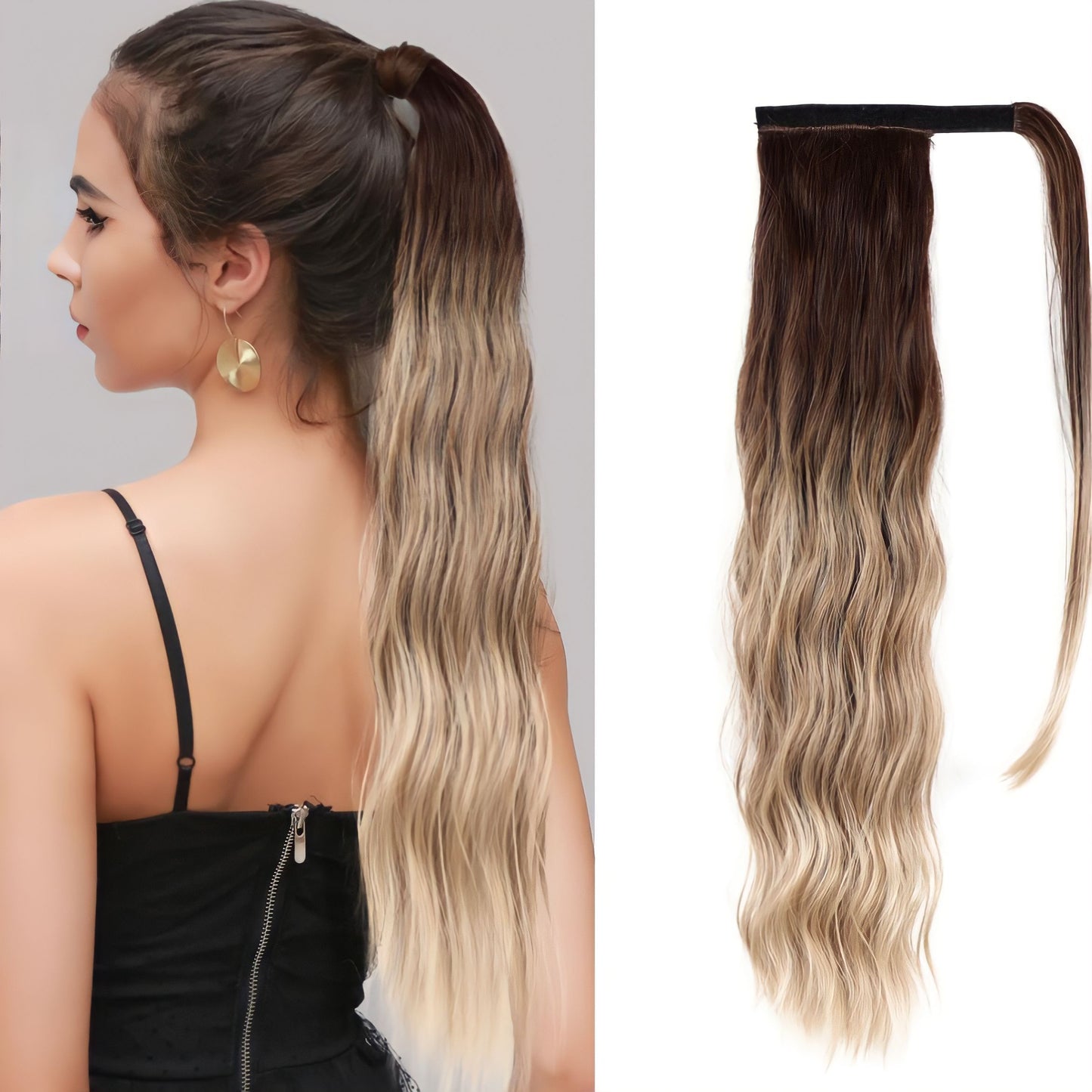 Different angles of the 22-Inch Wavy Clip-In Ponytail highlighting its natural look and waves.
