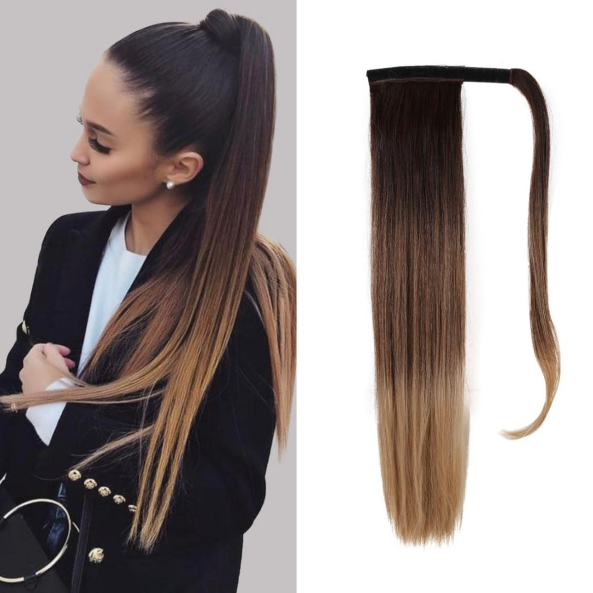 Model applying a 20 inch straight synthetic clip-in ponytail to her natural hair for instant volume and length.