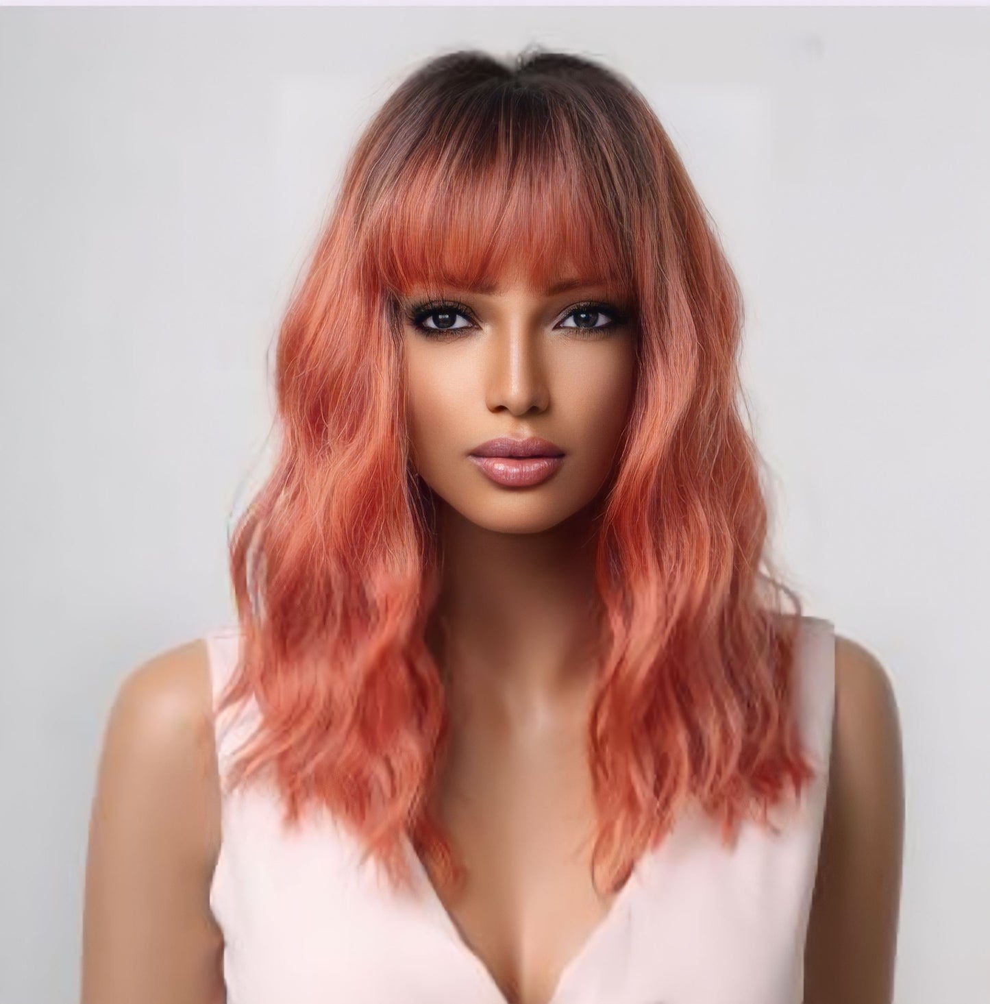 Rooted Coral Wavy Synthetic Wig – 18-inch Heat-Resistant Fiber with Natural Texture and Adjustable Cap